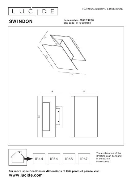 Lucide SWINDON - Wandlamp Binnen/Buiten - LED - 1x16W 2700K - IP54 - Zwart - technisch